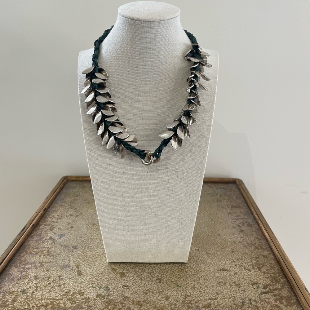 Silver Leaf Necklace with green braided leather